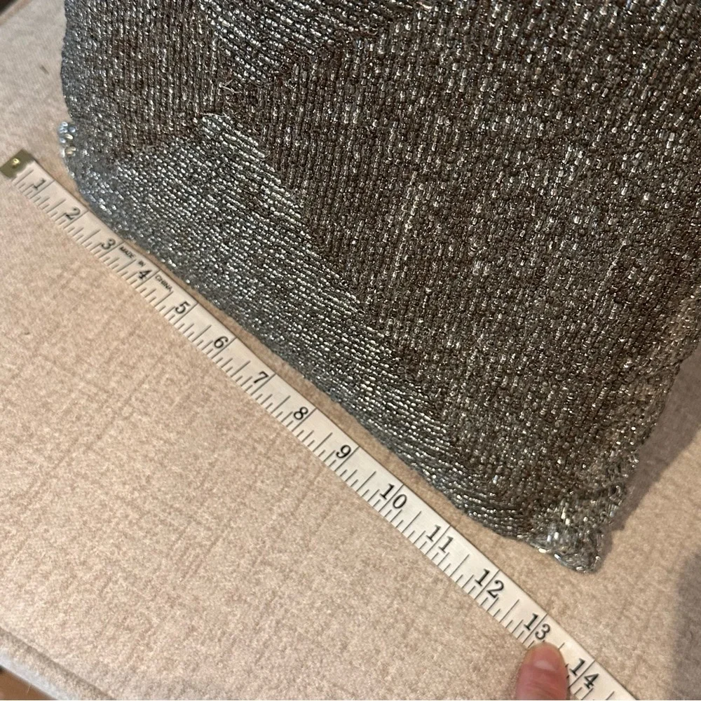 Silver Hand Beaded Silk Decorative Throw Pillow Modern 13 x 13 Square Zippered